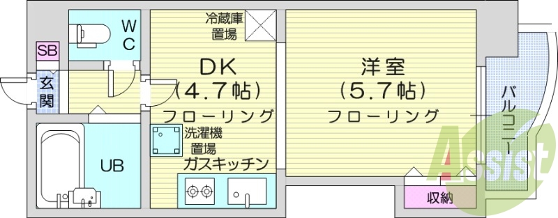 1DK、バストイレ別、シューズボックス、ガスキッチン