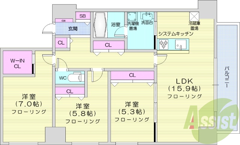 3LDK、都市ガス、ネット無料、エアコン、ガス暖房