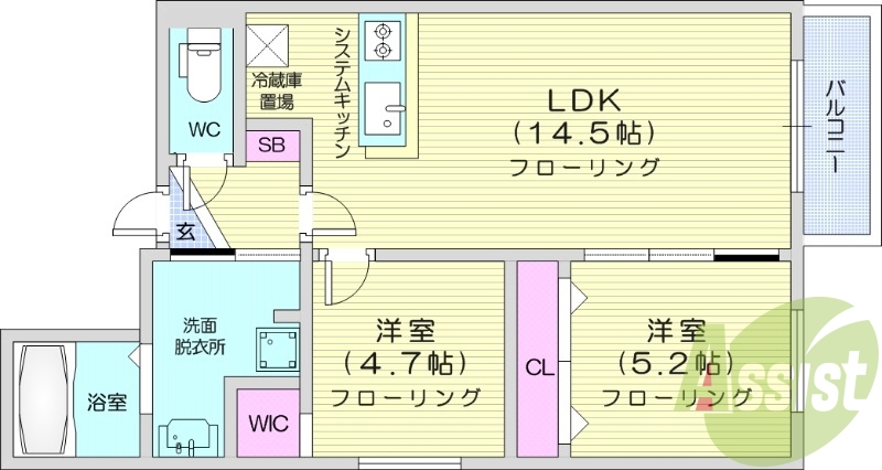 2LDK、エアコン、都市ガス、システムキッチン