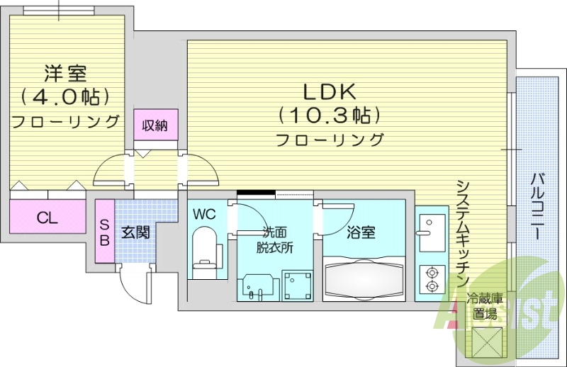 1LDK、システムキッチン、クローゼット、浴室乾燥機