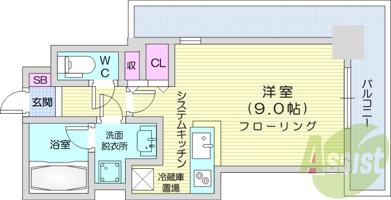 1K、オートロック、エアコン、独立洗面台、シャワートイレ