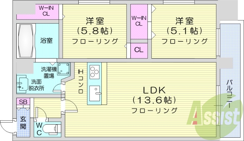 2LDK、オール電化、オートロック、最上階、角部屋、エアコン