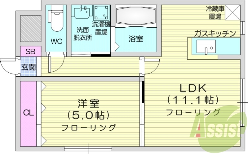 1LDK、独立洗面台、モニタ付インターホン、オートロック