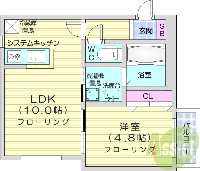 1LDK、都市ガス、エアコン、独立洗面台、システムキッチン