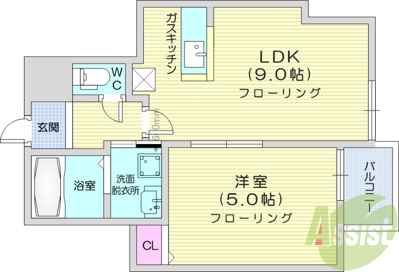 1LDK、オートロック、バストイレ別、カウンターキッチン