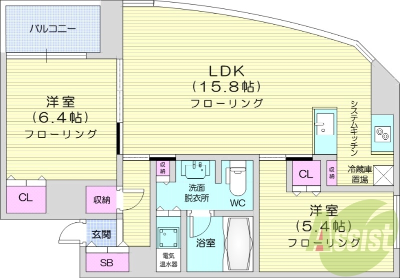 2LDK、エアコン、光ファイバー、システムキッチン
