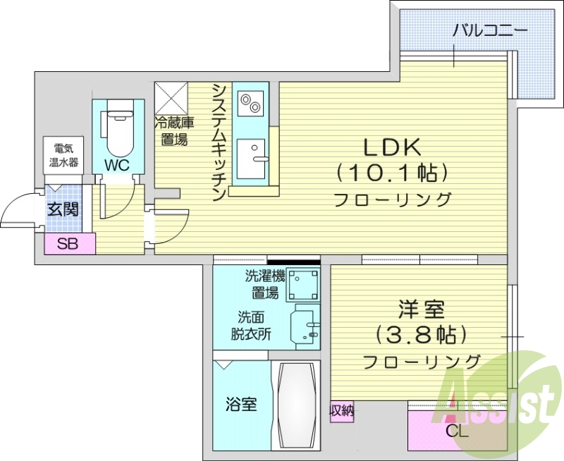 1LDK、IHシステムキッチン、シャワートイレ、オール電化