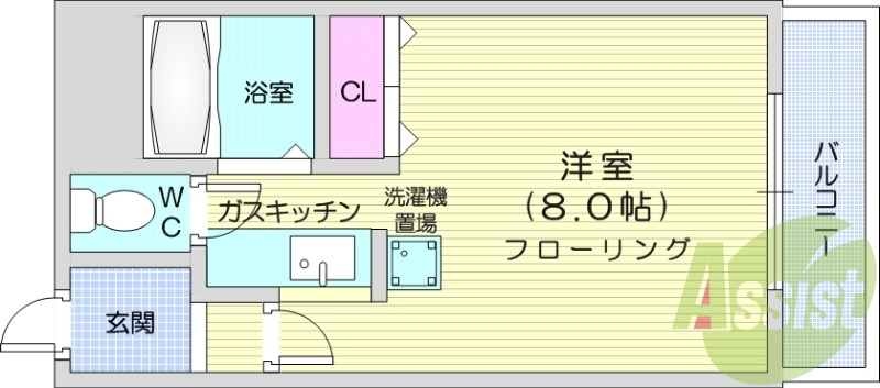 1K、バス・トイレ別、ガス暖房、バルコニー、ガスコンロ設置可