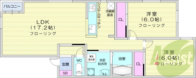 2LDK、エアコン、都市ガス、ネット無料