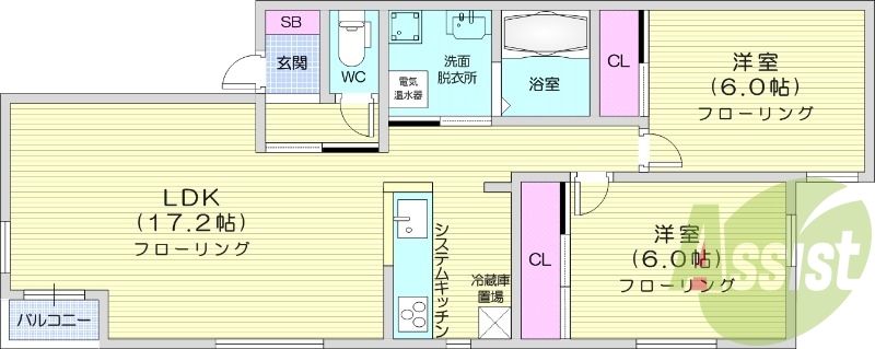 2LDK、エアコン、都市ガス、ネット無料