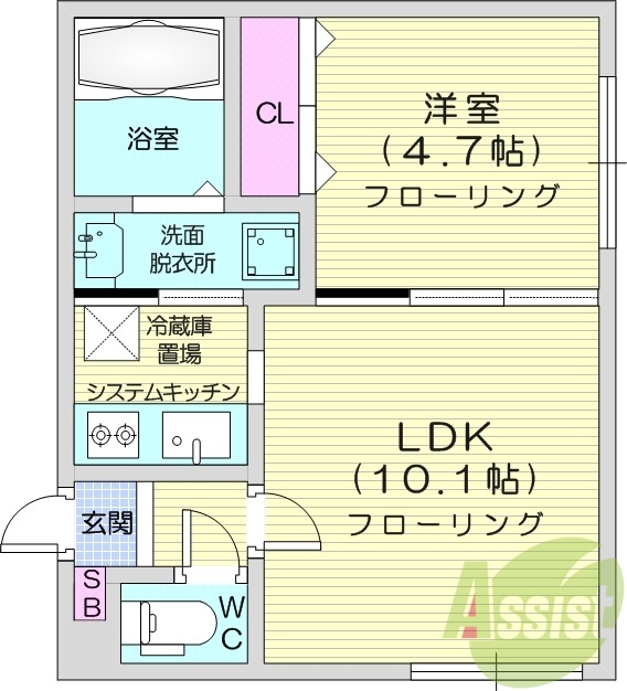 1LDK、エアコン、システムキッチン、ネット無料