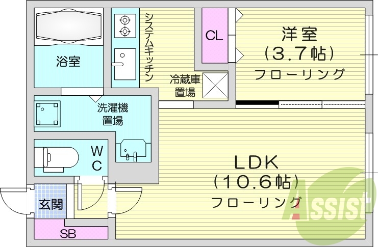 1LDK、エアコン、システムキッチン、ネット無料