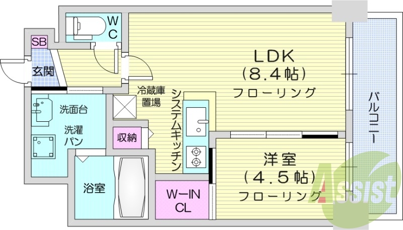 1LDK、洗髪洗面化粧台、シャワートイレ、エアコン