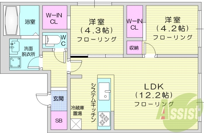 2LDK、都市ガス、エアコン、浴室乾燥機、独立洗面台