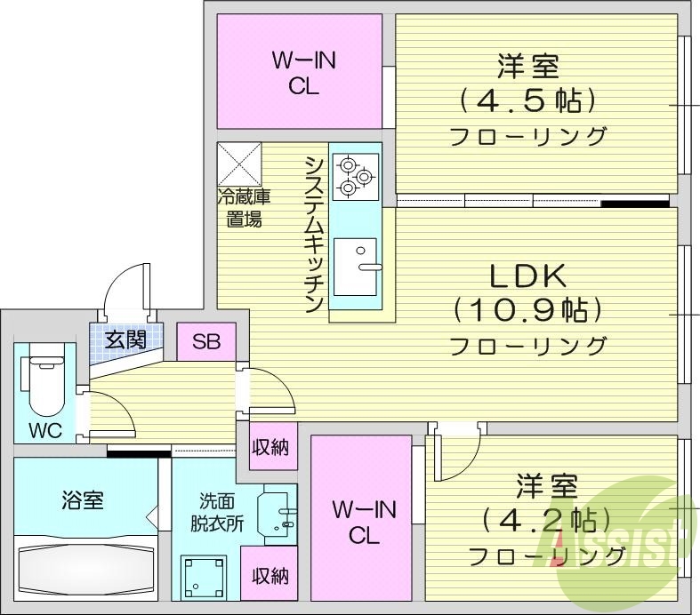 2LDK、都市ガス、エアコン、浴室乾燥機、独立洗面台