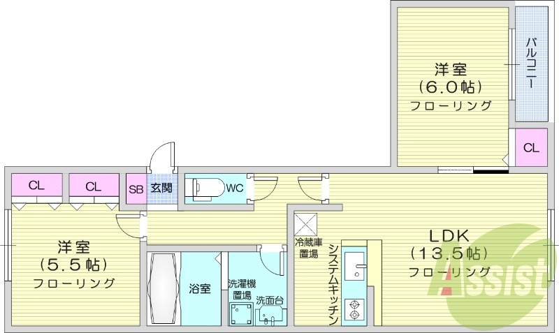 2LDK、エアコン、トランクルーム、バルコニー