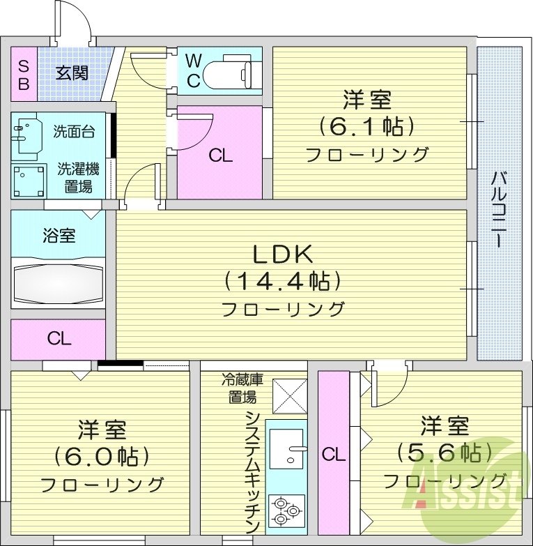 3LDK、システムキッチン、追い焚き、エアコン、オートロック