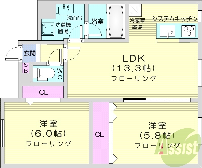 2LDK、オール電化、オートロック、バストイレ別
