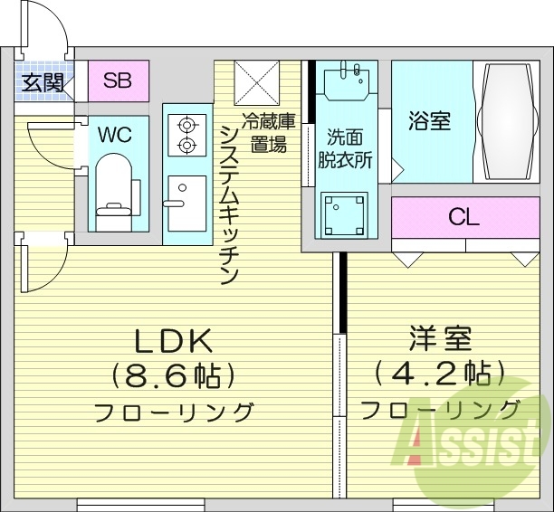 1LDK、エアコン、システムキッチン、ネット無料