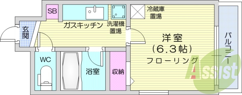 1K、シャワートイレ、灯油暖房、バルコニー