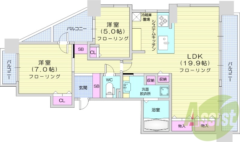2LDK、都市ガス、エアコン、システムキッチン、浴室乾燥機