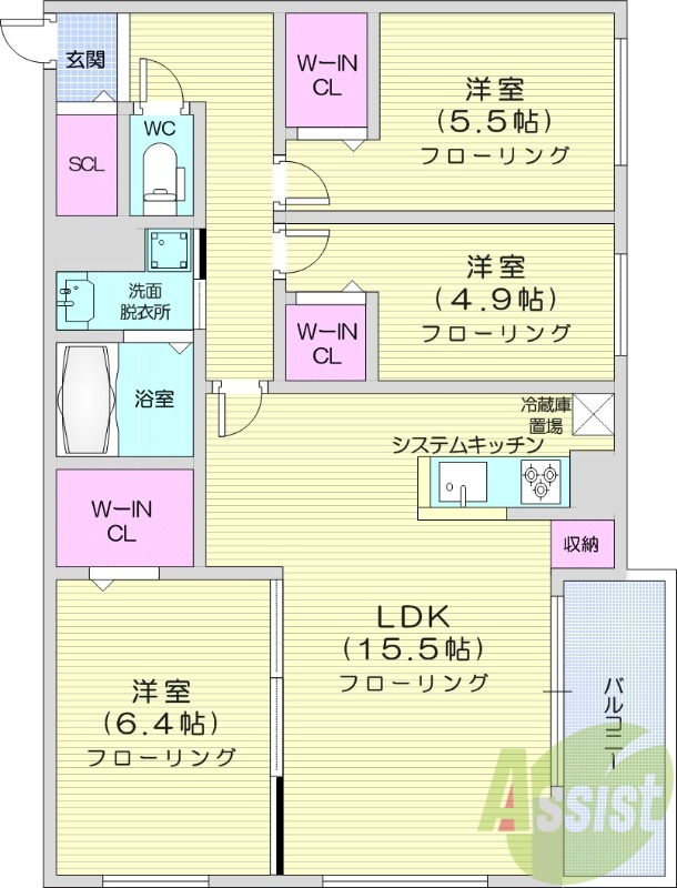 3LDK、都市ガス、エアコン、追い焚き
