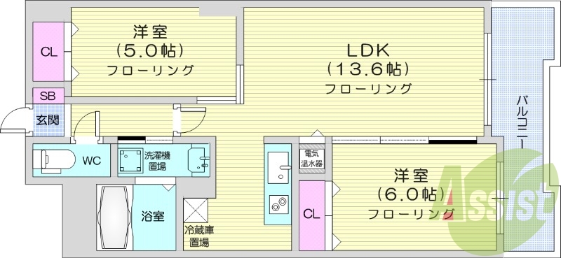 2LDK、追炊き、宅配ボックス、トランクルーム、