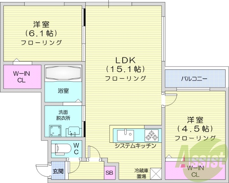 2LDK、エアコン、システムキッチン、ネット無料