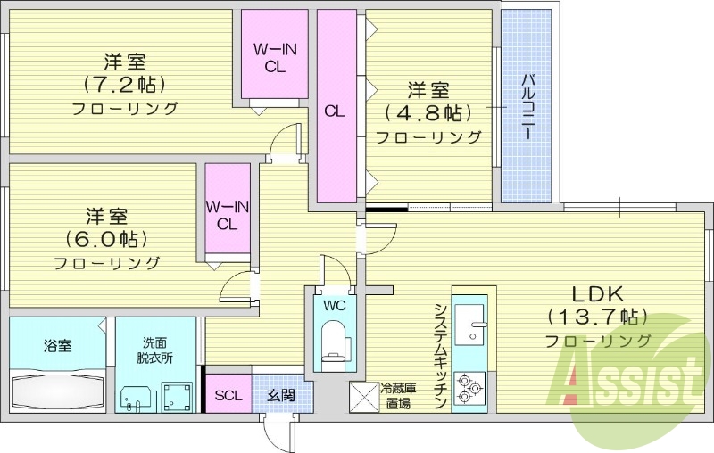 3LDK、エアコン、システムキッチン、ネット無料