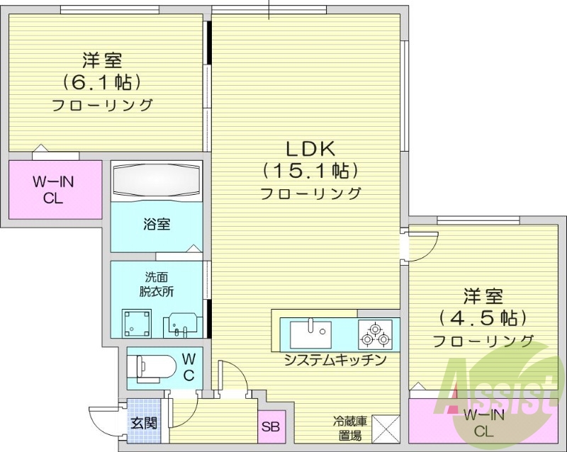 2LDK、エアコン、システムキッチン、ネット無料