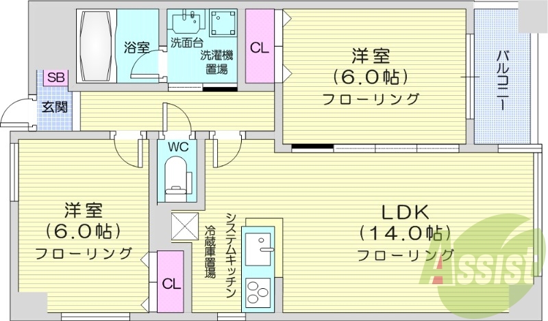 ２LDK、オートロック、宅配BOX、対面式キッチン