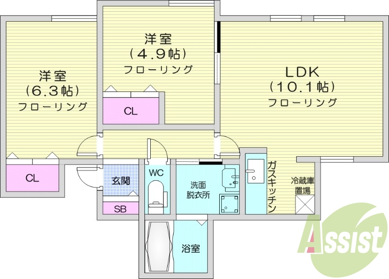 2LDK、バストイレ別、独立洗面台、灯油暖房
