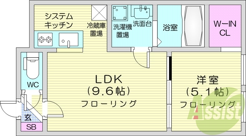 1LDK、浴室乾燥機、システムキッチン、シャワートイレ