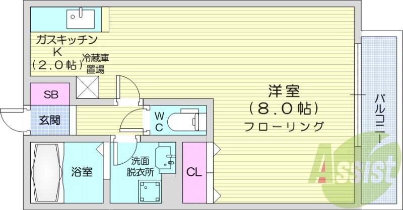 1K、オートロック、灯油暖房、カウンターキッチン