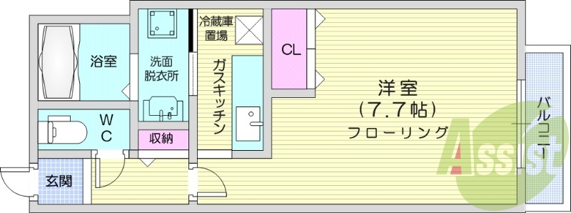 1K、オートロック、灯油暖房、カウンターキッチン