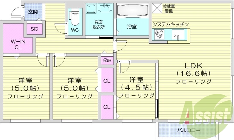3LDK、エアコン、都市ガス、システムキッチン