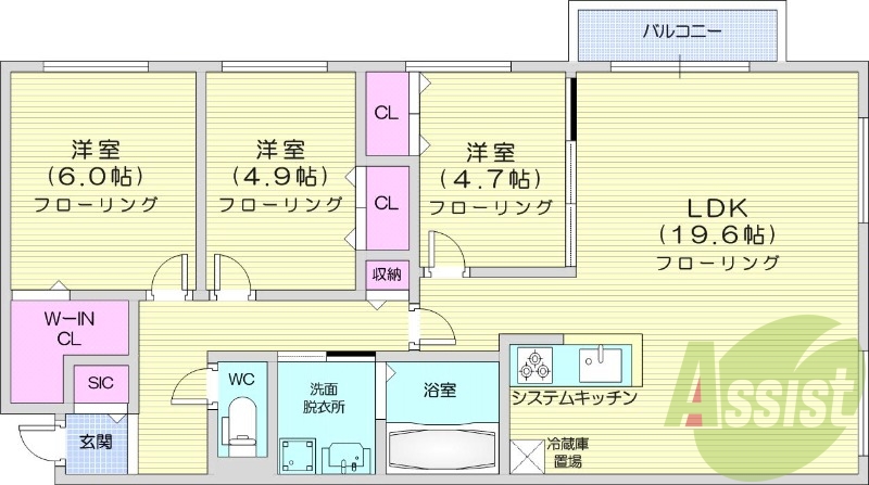 3LDK、エアコン、都市ガス、システムキッチン