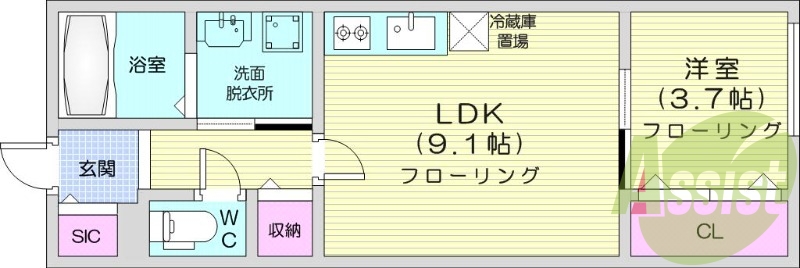 1LDK、エアコン、都市ガス、システムキッチン