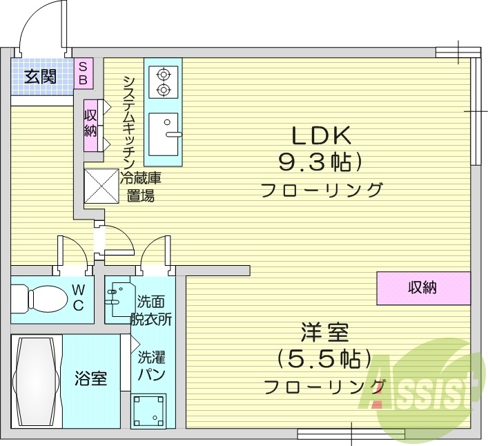 １LDK、洗面化粧台、システムキッチン、暖房灯油