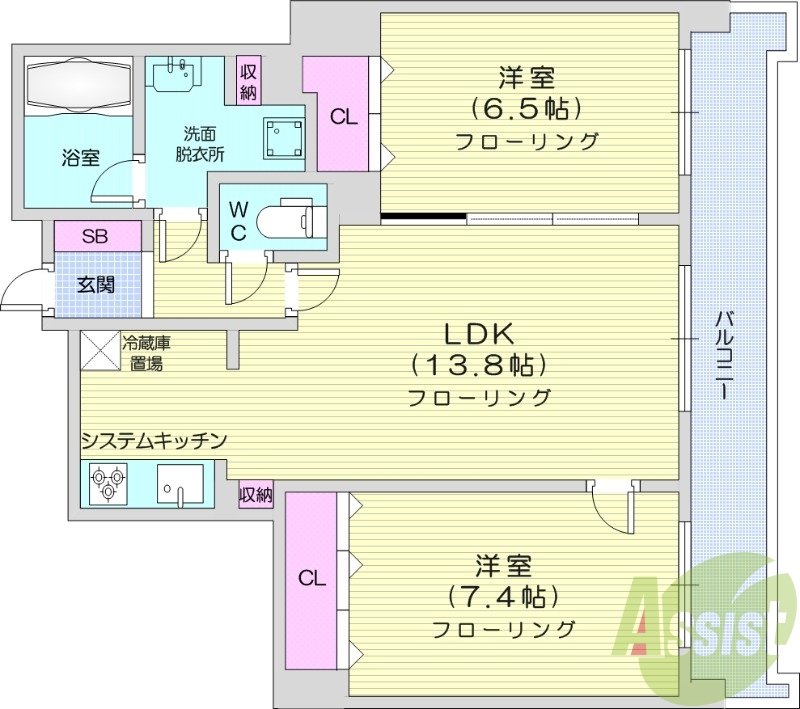 2LDK、都市ガス、システムキッチン、追い焚き
