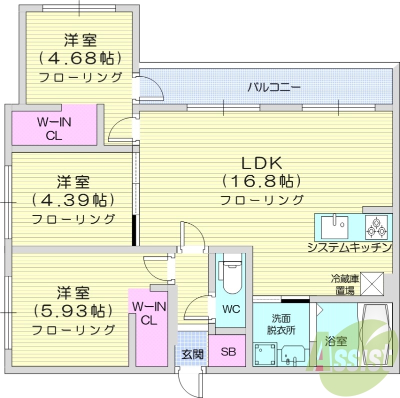 3LDK、エアコン、都市ガス、バルコニー、システムキッチン