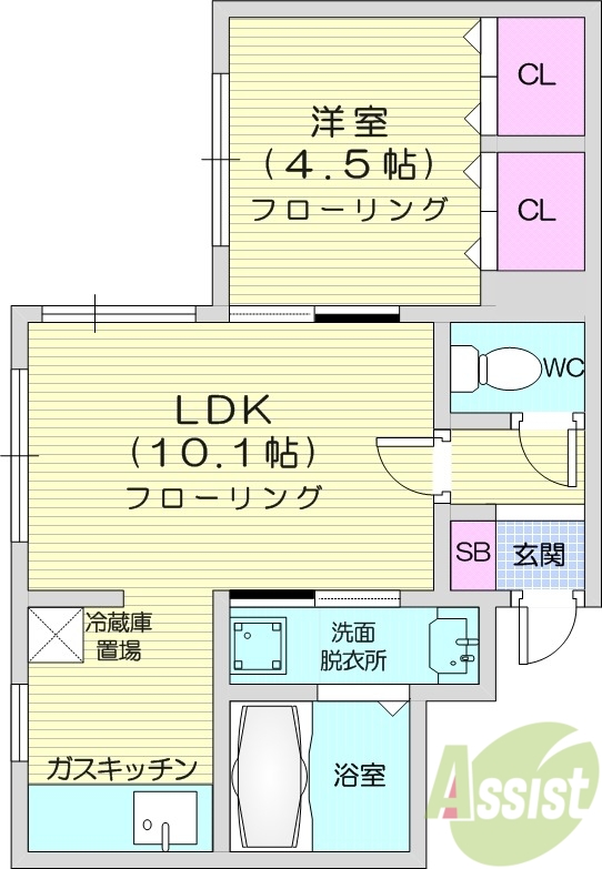1LDK、オートロック、灯油暖房、バストイレ別