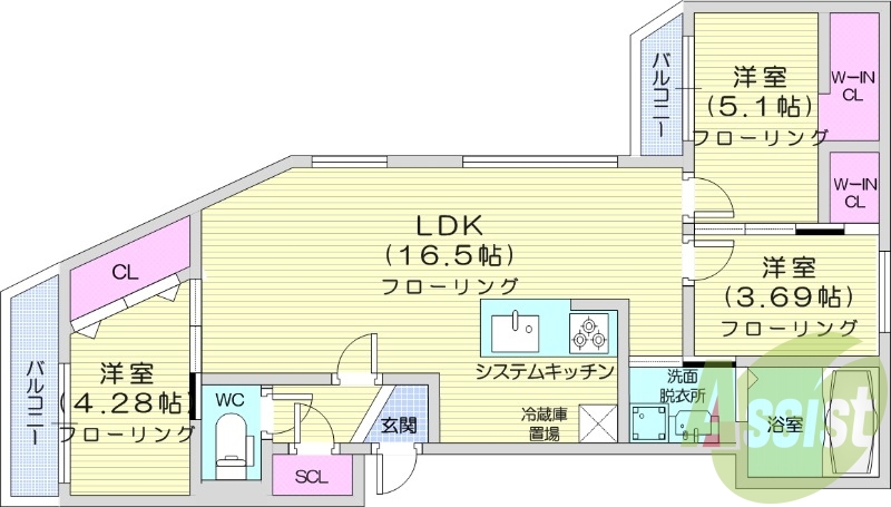 3LDK、エアコン、都市ガス、バルコニー、システムキッチン