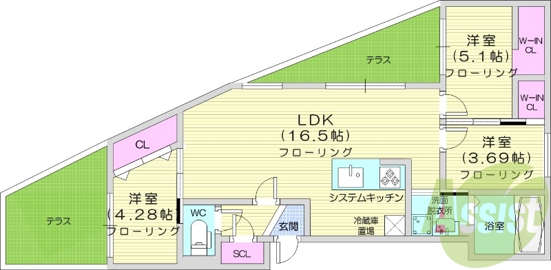 3LDK、エアコン、都市ガス、バルコニー、システムキッチン