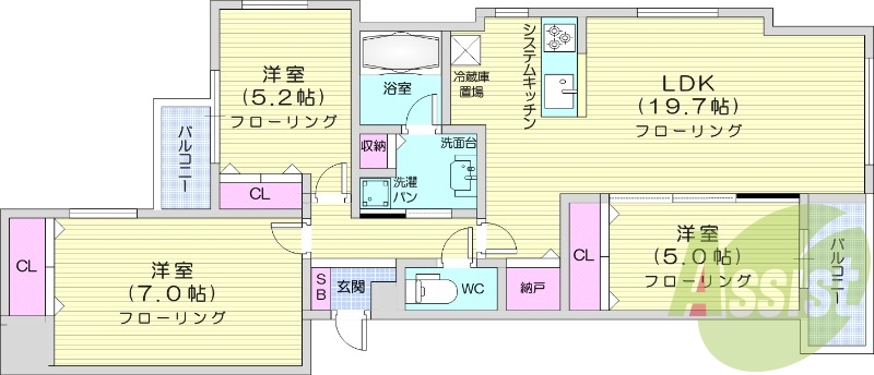 3LDK、都市ガス、エアコン、床暖房、追い焚き
