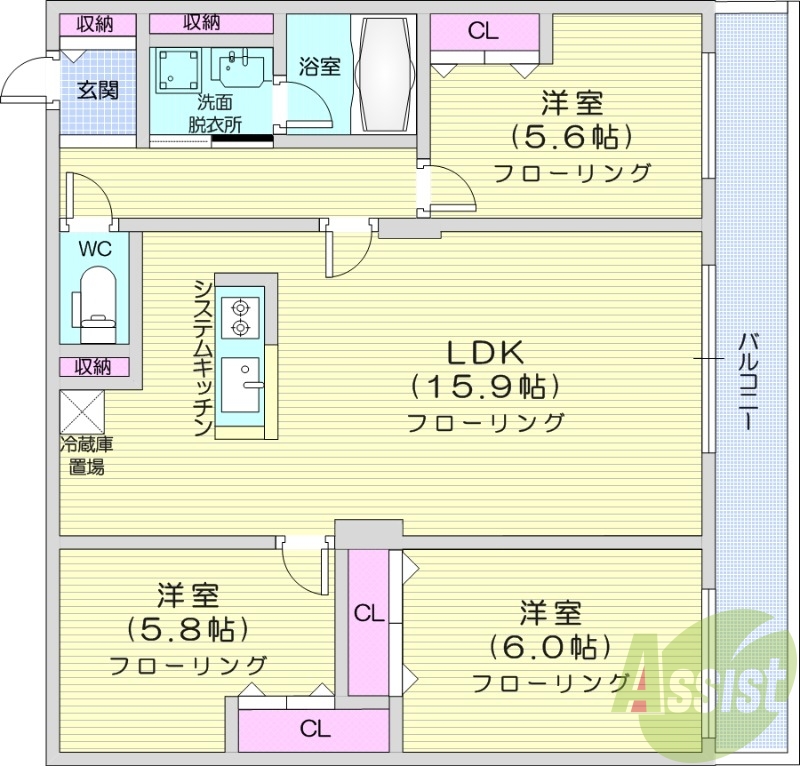 3LDK、エアコン、都市ガス、ペット飼育可