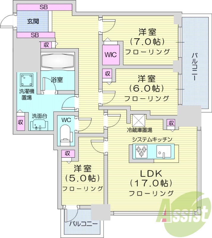 3LDK、システムキッチン、シャワートイレ、追い焚き