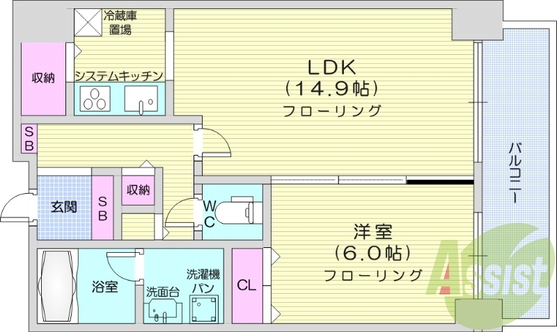 1LDK、システムキッチン、浴室乾燥機、バルコニー