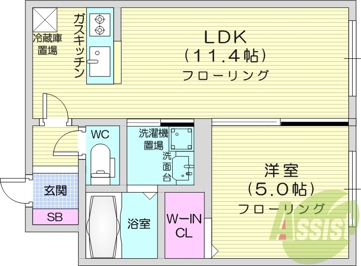 1LDK、システムキッチン、都市ガス、ペット可