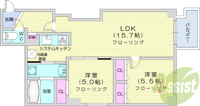 ２LDK、システムキッチン、エアコン、都市ガス